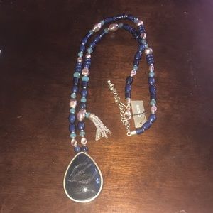 Chico’s Blue Beaded Long Necklace with Teardrop Vicki Pendant NWT